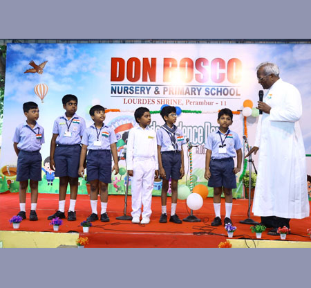 Independence Day Celebration - 15.08.2025 Our Rector & Correspondent Rev. Fr. Stanislaus, Rev. Fr. K.J. Louis, Rev. fr. Cyril were present along with the PTA President, Vice-President, Secretary & Treasurer. Mrs. Auxilia Shanthi was the master of Ceremony.
